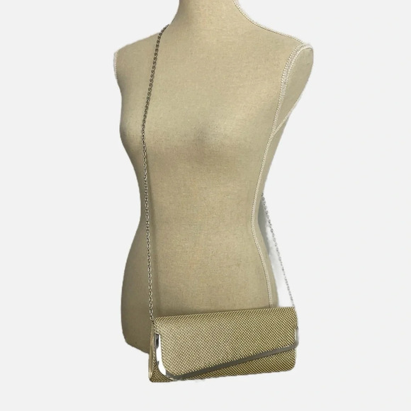 Jessica McClintock Mesh Clutch Purse Bag Gold Silver Drop In Chain Strap - Picture 1 of 9